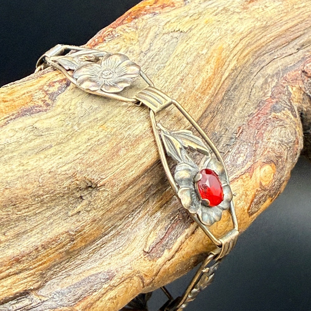 Vintage Providence Stock Co Sterling‎ 12K GF Floral Bracelet Red Stone As Is